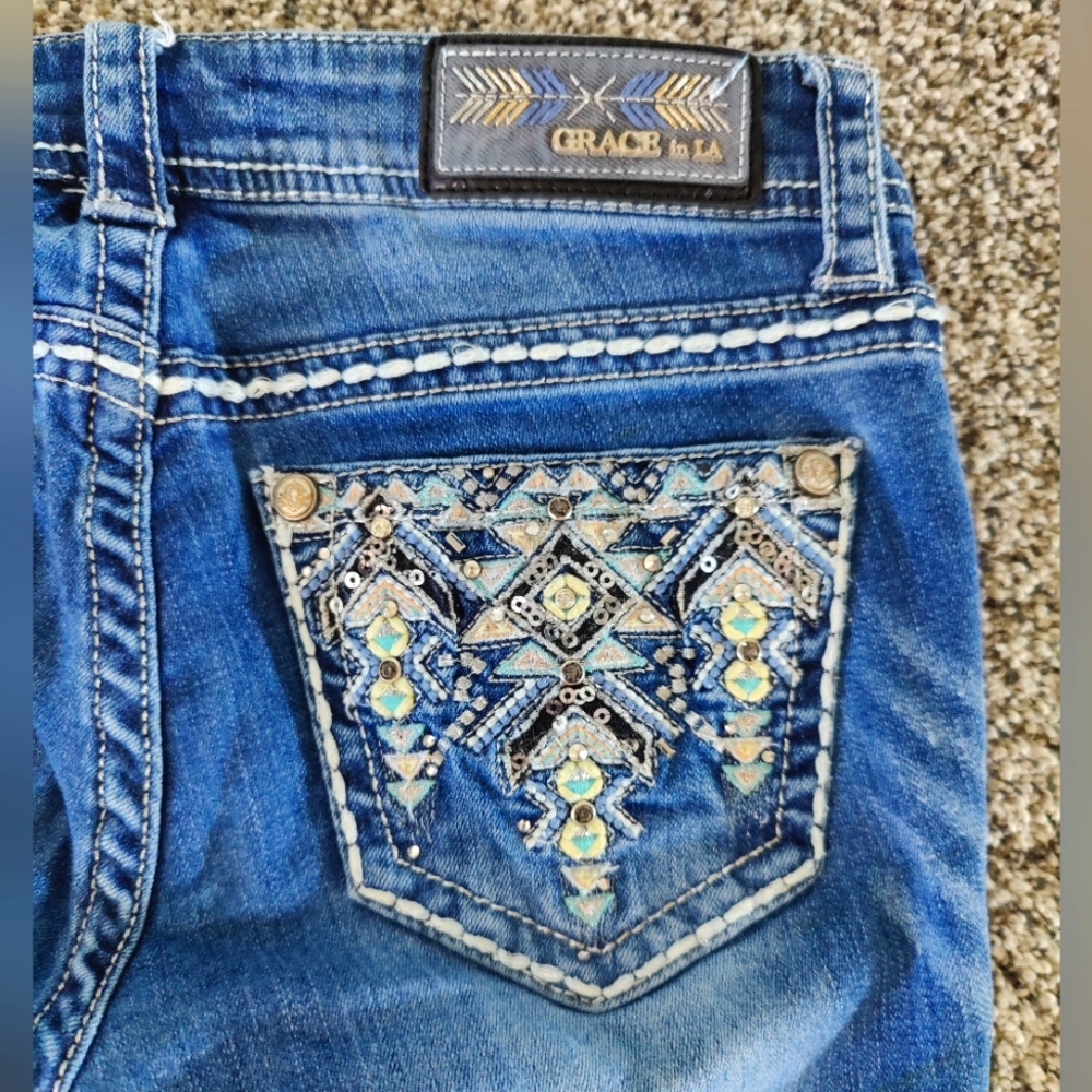 Grace In LA Medium Blue Sequin Embroidered Skinny Jeans Women's 26